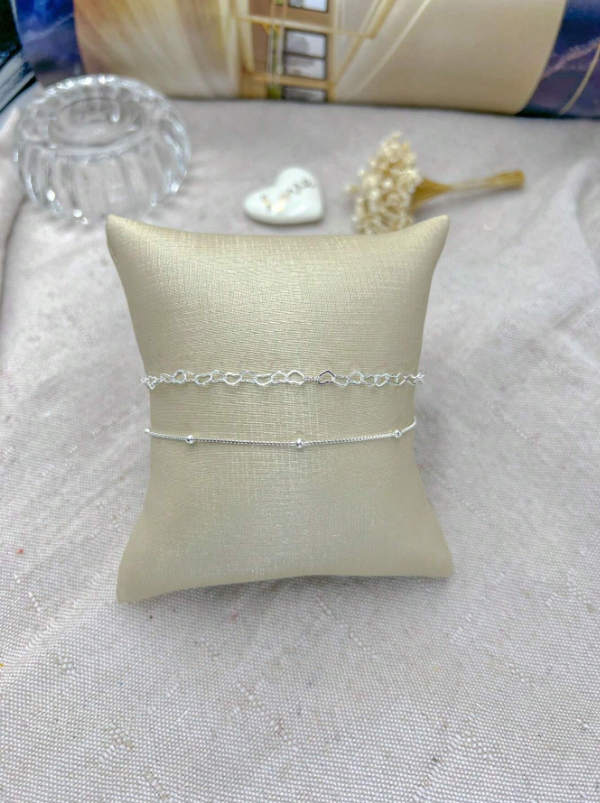 Conjunto 2 Pulseiras Prata 925 Folheada Conjunto Bolinha e Coração