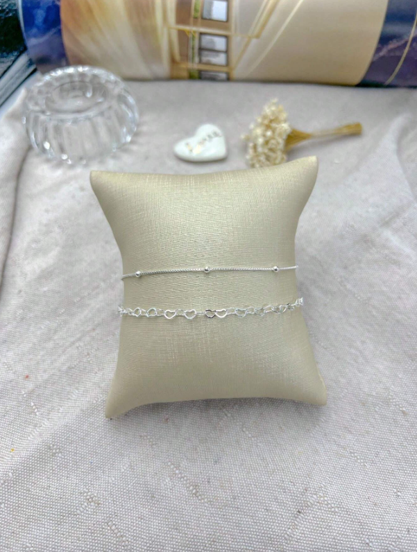 Conjunto 2 Pulseiras Prata 925 Folheada Conjunto Bolinha e Coração