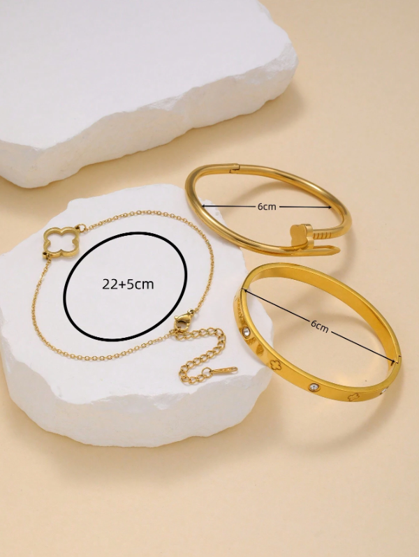 Conjunto 3 Pulseiras de Bangle em Aço Inoxidável