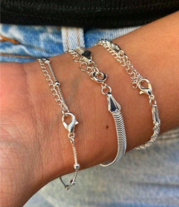 Conjunto 3 Pulseiras Prata 925 Folheada Cordão Baiano Malha Metalizada