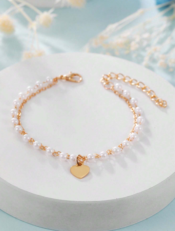 Pulseira De Charme Com Coração Decorado Com Pérolas