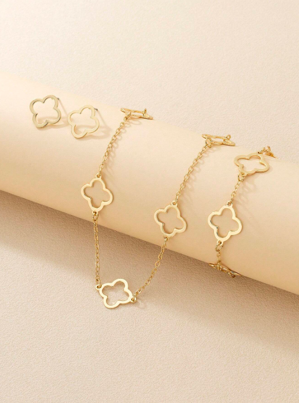 Conjunto Flor Colar, Pulseira e par de Brincos