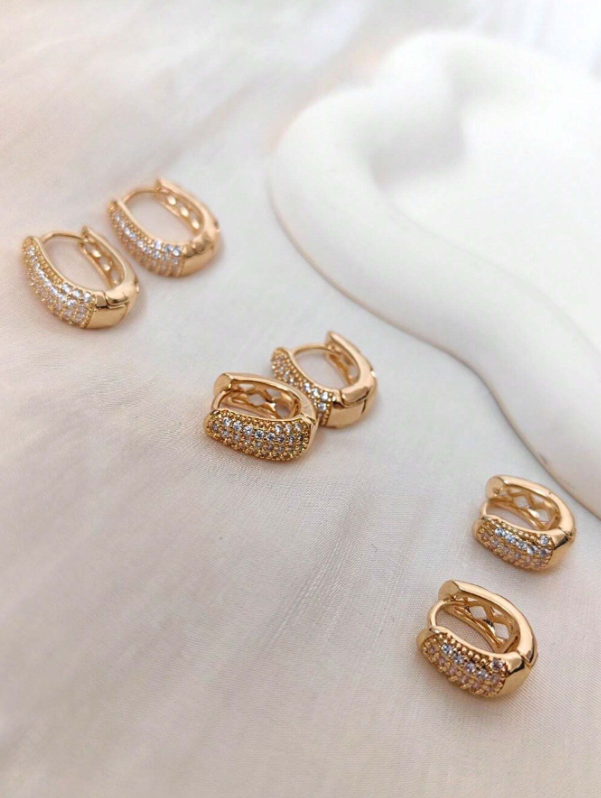Conjunto 3 Pares de Brincos Cravejados com Cristal de Zircônia