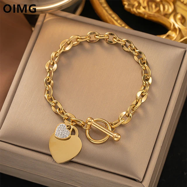 OIMG 316L Stainless Steel Gold Plated Waterproof Geometric Heart Pendant Bracelet & Bangle For Women Girl Not Fade Wholesale - Montzel Collection