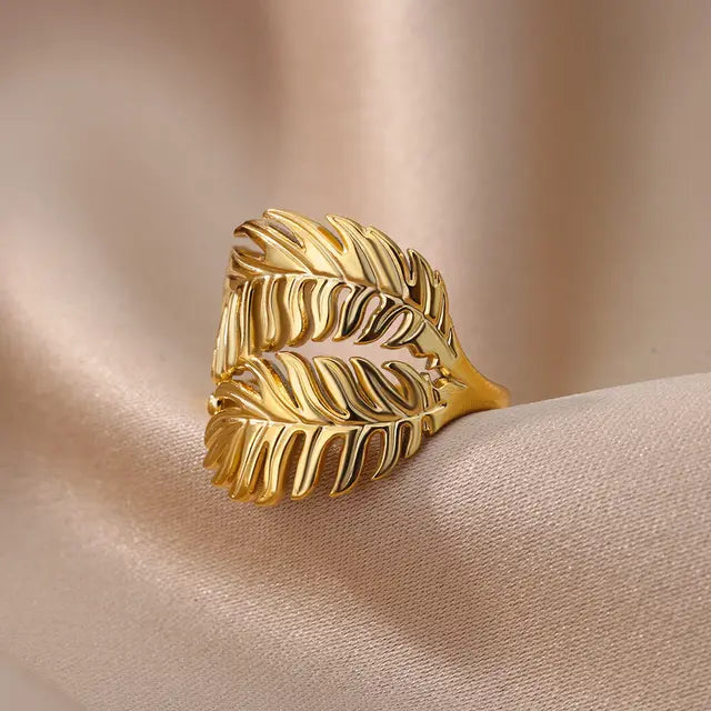 Palm Leaf Ring for Women Men Stainless Steel Leaves Ring Couple Vintage Wedding Aesthetic 2023 Jewelry anillos mujer - Montzel Collection