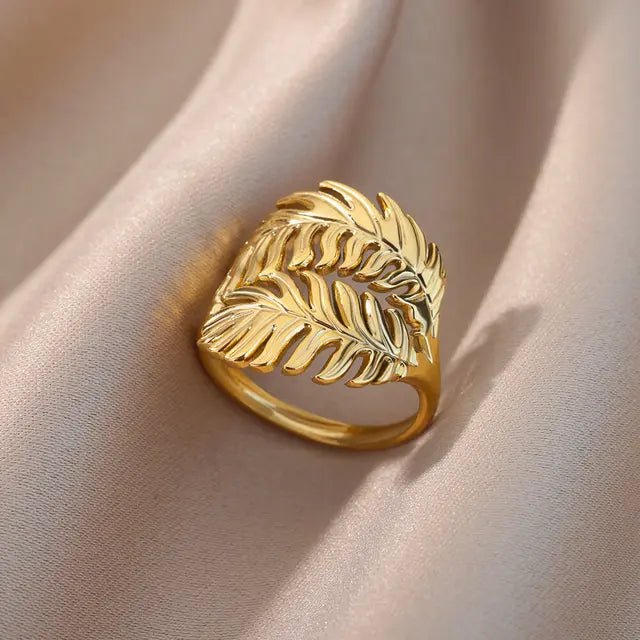 Palm Leaf Ring for Women Men Stainless Steel Leaves Ring Couple Vintage Wedding Aesthetic 2023 Jewelry anillos mujer - Montzel Collection