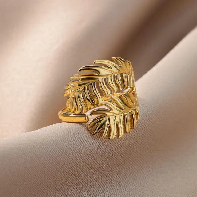 Palm Leaf Ring for Women Men Stainless Steel Leaves Ring Couple Vintage Wedding Aesthetic 2023 Jewelry anillos mujer - Montzel Collection