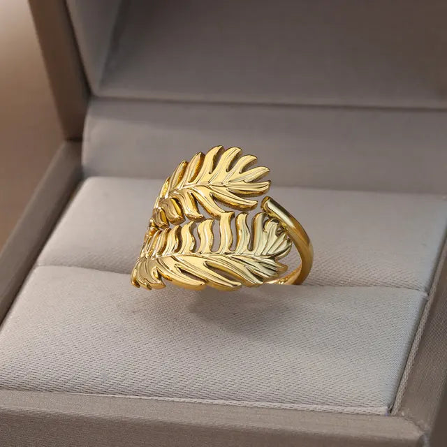 Palm Leaf Ring for Women Men Stainless Steel Leaves Ring Couple Vintage Wedding Aesthetic 2023 Jewelry anillos mujer - Montzel Collection