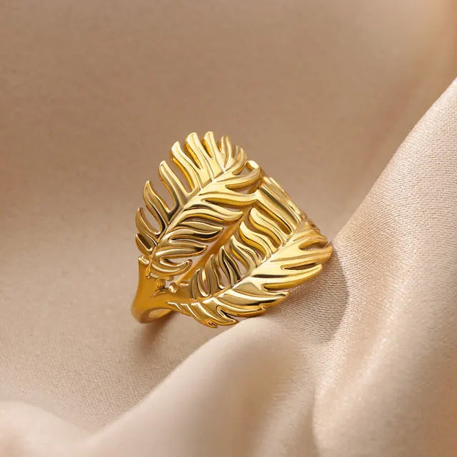 Palm Leaf Ring for Women Men Stainless Steel Leaves Ring Couple Vintage Wedding Aesthetic 2023 Jewelry anillos mujer - Montzel Collection