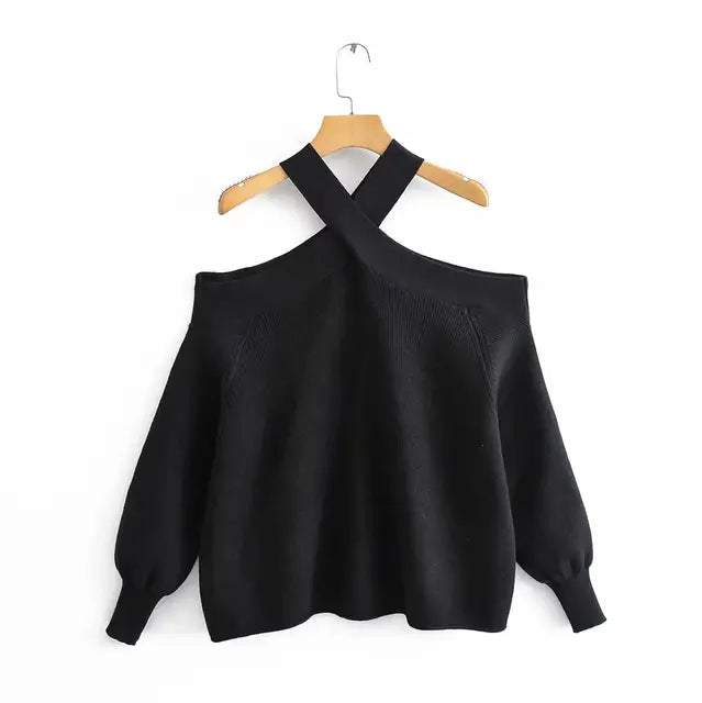 Women's Suspender Shirt,Fashionable Women's Knitted Pullover,Soft,Comfortable and Chic Coat,Cross Collar,Off Shoulder Pullover - Montzel Collection