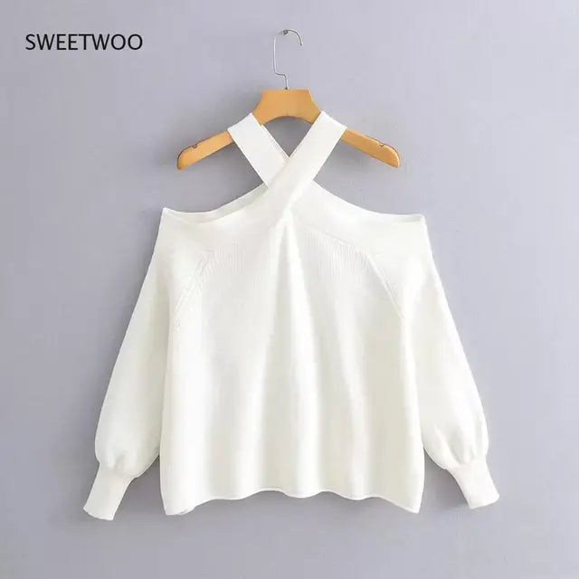 Women's Suspender Shirt,Fashionable Women's Knitted Pullover,Soft,Comfortable and Chic Coat,Cross Collar,Off Shoulder Pullover - Montzel Collection