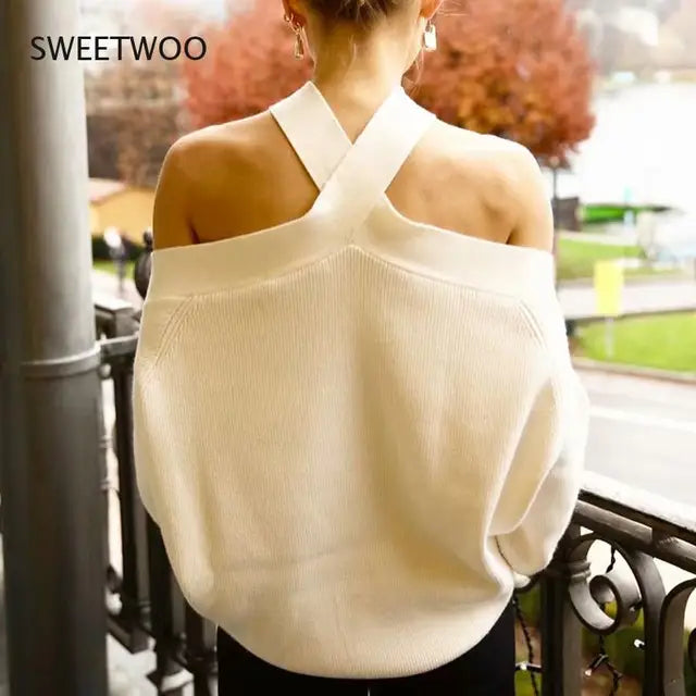 Women's Suspender Shirt,Fashionable Women's Knitted Pullover,Soft,Comfortable and Chic Coat,Cross Collar,Off Shoulder Pullover - Montzel Collection