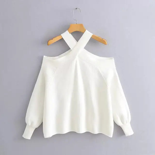 Women's Suspender Shirt,Fashionable Women's Knitted Pullover,Soft,Comfortable and Chic Coat,Cross Collar,Off Shoulder Pullover - Montzel Collection
