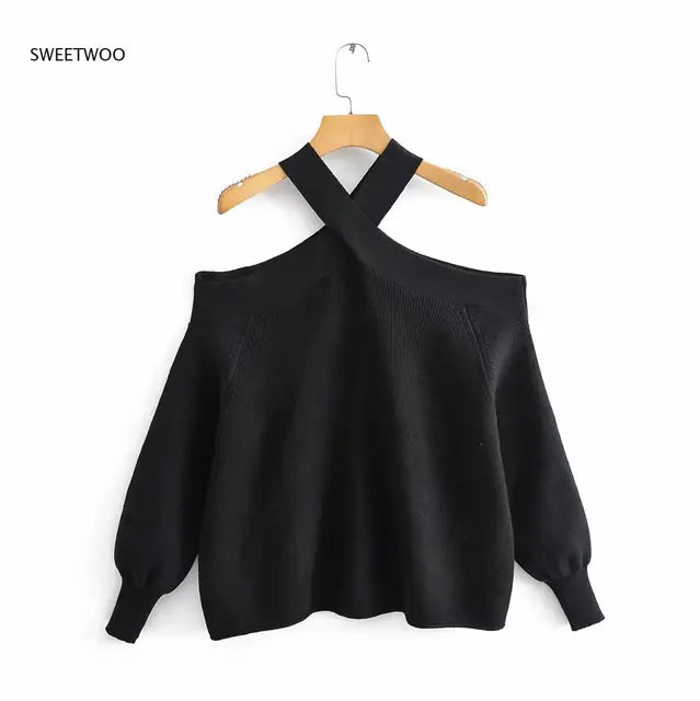 Women's Suspender Shirt,Fashionable Women's Knitted Pullover,Soft,Comfortable and Chic Coat,Cross Collar,Off Shoulder Pullover - Montzel Collection