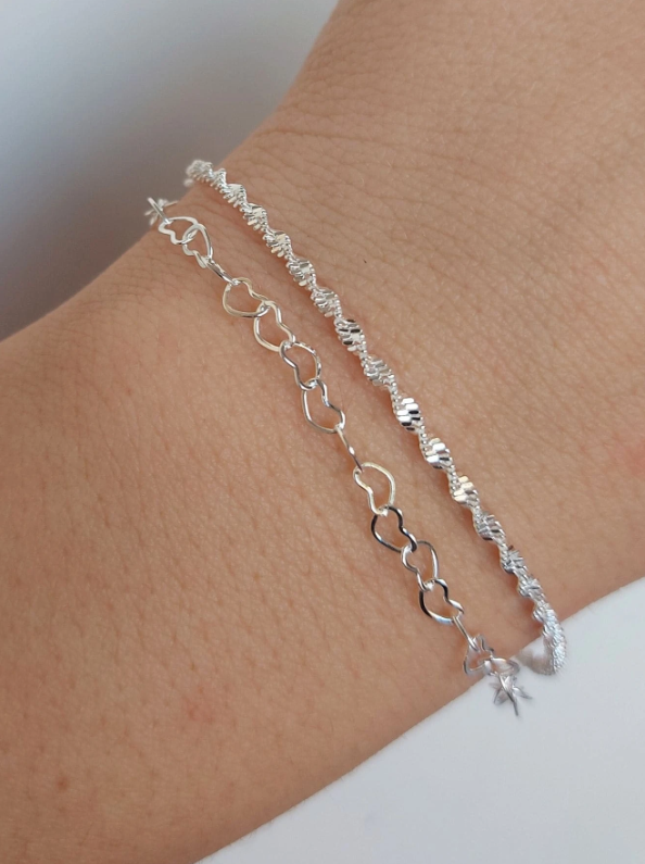 Pulseira Corações e Cordão Baiano na Prata 925