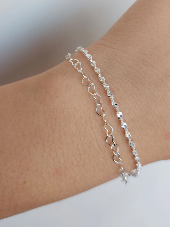 Pulseira Corações e Cordão Baiano na Prata 925