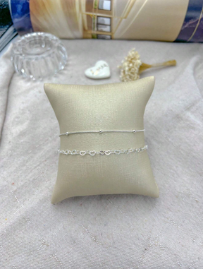 Conjunto 2 Pulseiras Prata 925 Folheada Conjunto Bolinha e Coração