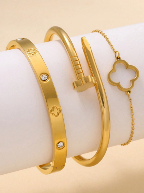 Conjunto 3 Pulseiras de Bangle em Aço Inoxidável