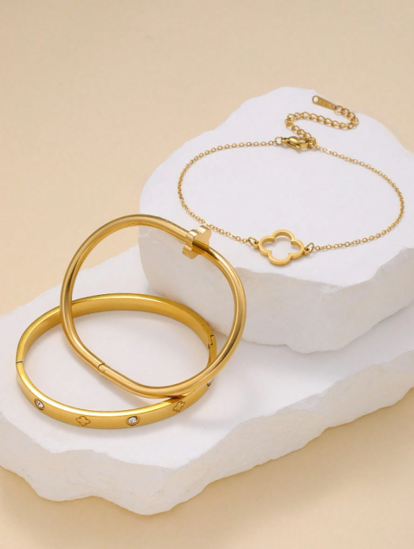 Conjunto 3 Pulseiras de Bangle em Aço Inoxidável