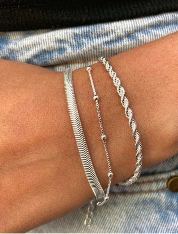 Conjunto 3 Pulseiras Prata 925 Folheada Cordão Baiano Malha Metalizada
