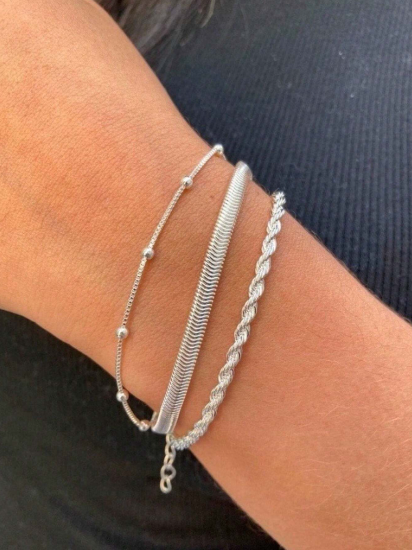 Conjunto 3 Pulseiras Prata 925 Folheada Cordão Baiano Malha Metalizada
