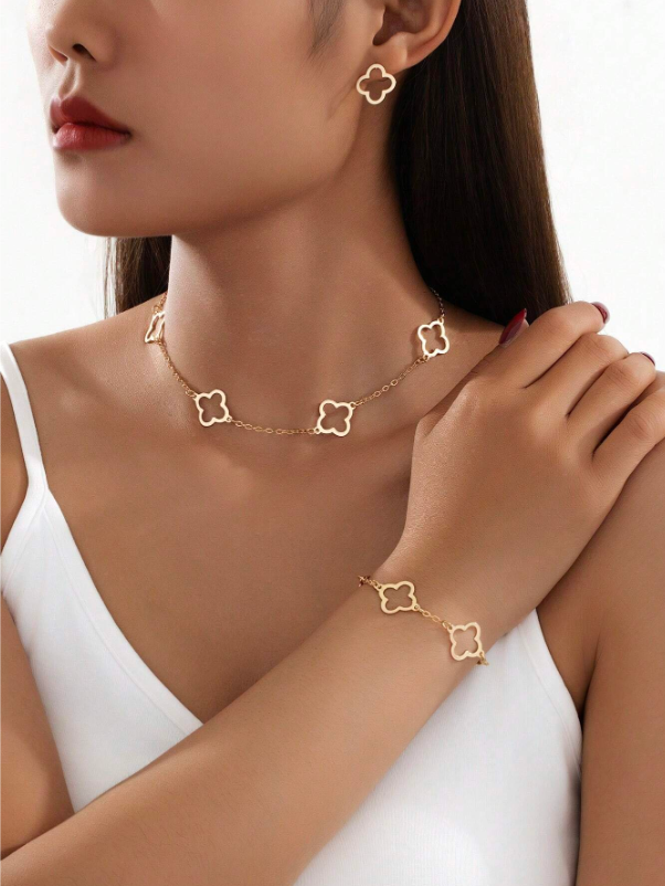 Conjunto Flor Colar, Pulseira e par de Brincos