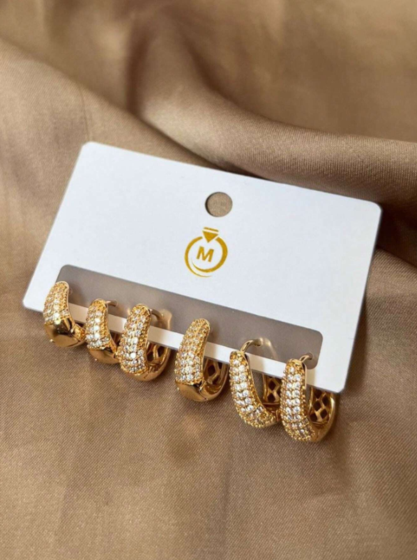 Conjunto 3 Pares de Brincos Cravejados com Cristal de Zircônia