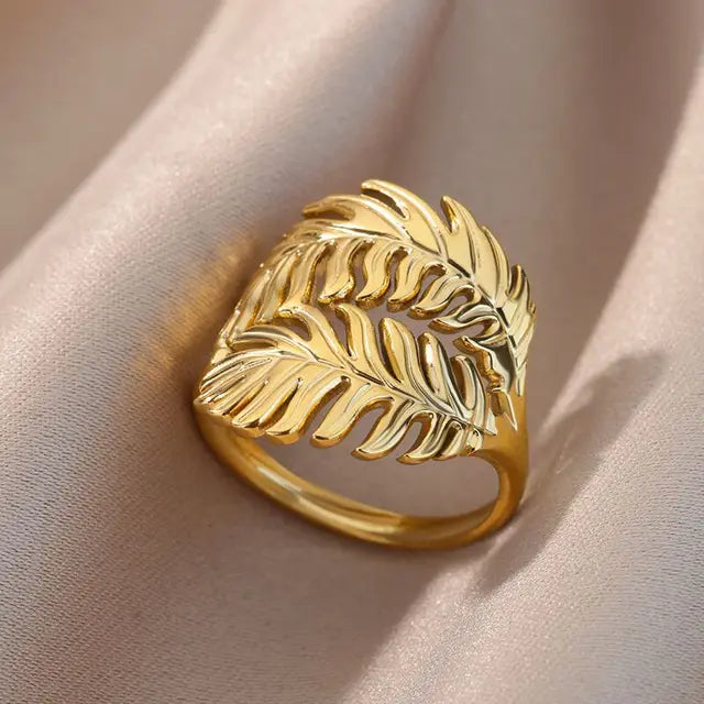Palm Leaf Ring for Women Men Stainless Steel Leaves Ring Couple Vintage Wedding Aesthetic 2023 Jewelry anillos mujer - Montzel Collection 