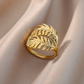 Palm Leaf Ring for Women Men Stainless Steel Leaves Ring Couple Vintage Wedding Aesthetic 2023 Jewelry anillos mujer - Montzel Collection 
