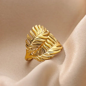 Palm Leaf Ring for Women Men Stainless Steel Leaves Ring Couple Vintage Wedding Aesthetic 2023 Jewelry anillos mujer - Montzel Collection 