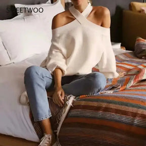 Women's Suspender Shirt,Fashionable Women's Knitted Pullover,Soft,Comfortable and Chic Coat,Cross Collar,Off Shoulder Pullover - Montzel Collection 