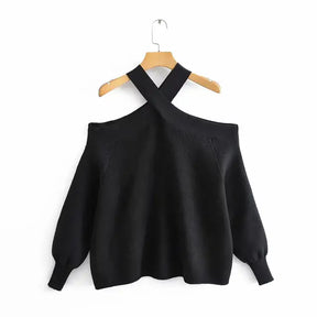Women's Suspender Shirt,Fashionable Women's Knitted Pullover,Soft,Comfortable and Chic Coat,Cross Collar,Off Shoulder Pullover - Montzel Collection 