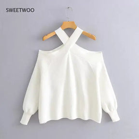 Women's Suspender Shirt,Fashionable Women's Knitted Pullover,Soft,Comfortable and Chic Coat,Cross Collar,Off Shoulder Pullover - Montzel Collection 