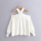 Women's Suspender Shirt,Fashionable Women's Knitted Pullover,Soft,Comfortable and Chic Coat,Cross Collar,Off Shoulder Pullover - Montzel Collection 