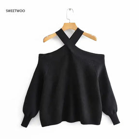 Women's Suspender Shirt,Fashionable Women's Knitted Pullover,Soft,Comfortable and Chic Coat,Cross Collar,Off Shoulder Pullover - Montzel Collection 