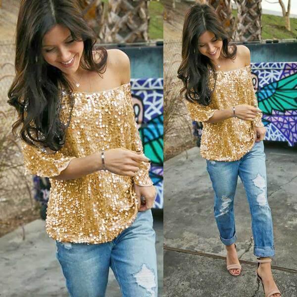 Blusa Feminina Manga Curta Paetê - Montzel Collection 